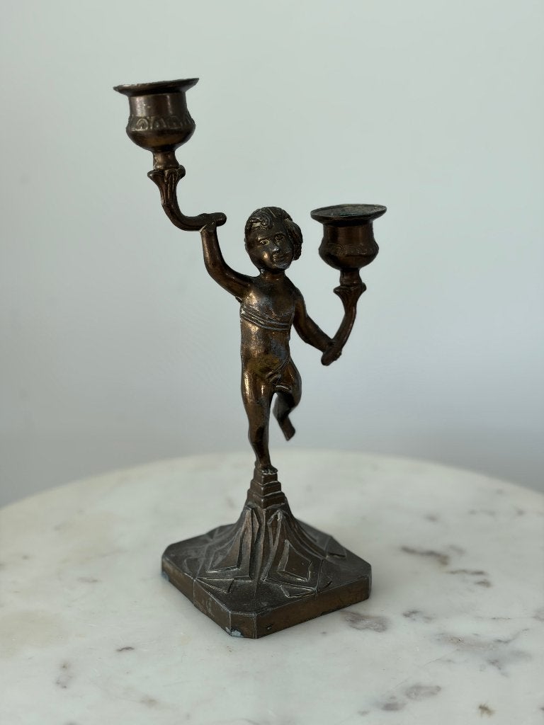 Vintage Cherub Kandelaar messing Bronskleurig, Ophalen of Verzenden, Overige materialen