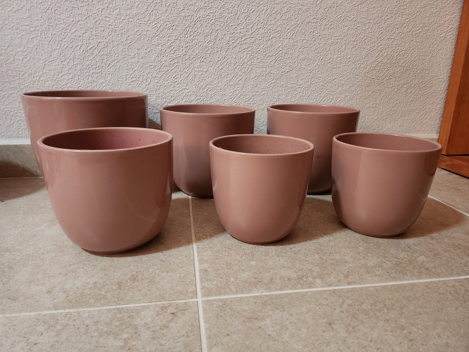 Set van 6 Intratuin Mica Tusca bloempotten oudroze, Tuin en Terras, Ophalen, Rond, Binnen, Zo goed als nieuw