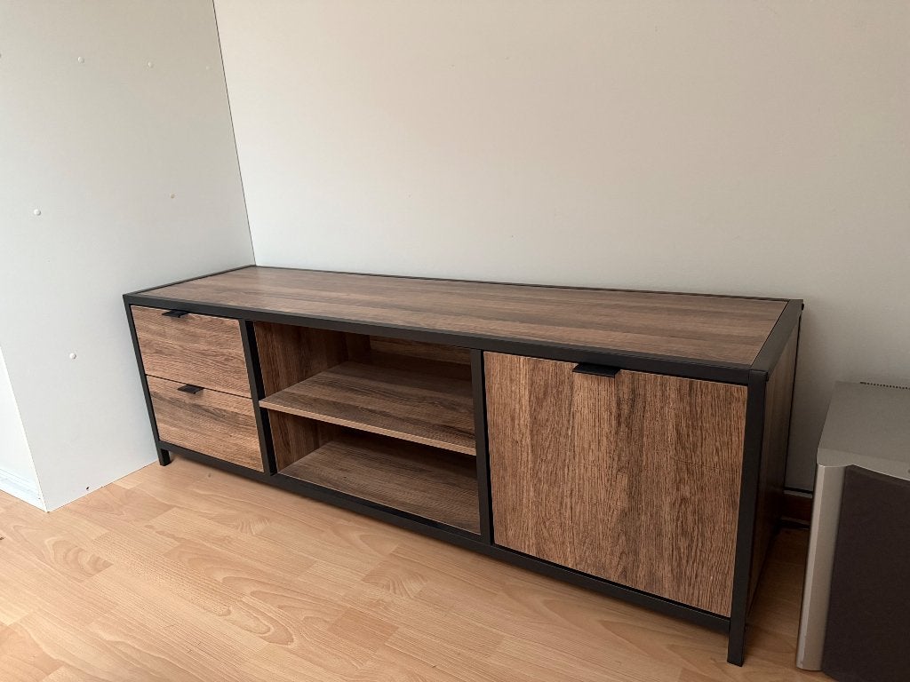 Tv kast - houtlook met stalen frame, Huis en Inrichting, Kasten | Televisiemeubels, Ophalen, 100 tot 150 cm, Overige materialen