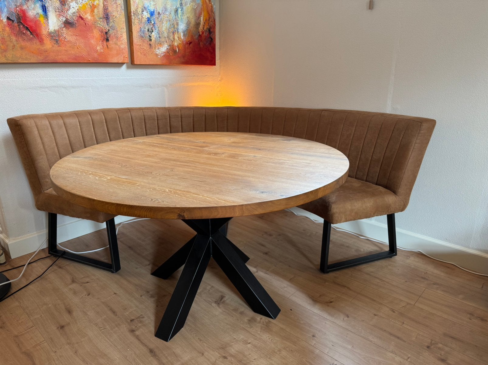 Set: Eettafel eiken + cognac eetkamerbank, 100 tot 150 cm, 200 cm of meer, Ophalen of Verzenden, Zo goed als nieuw