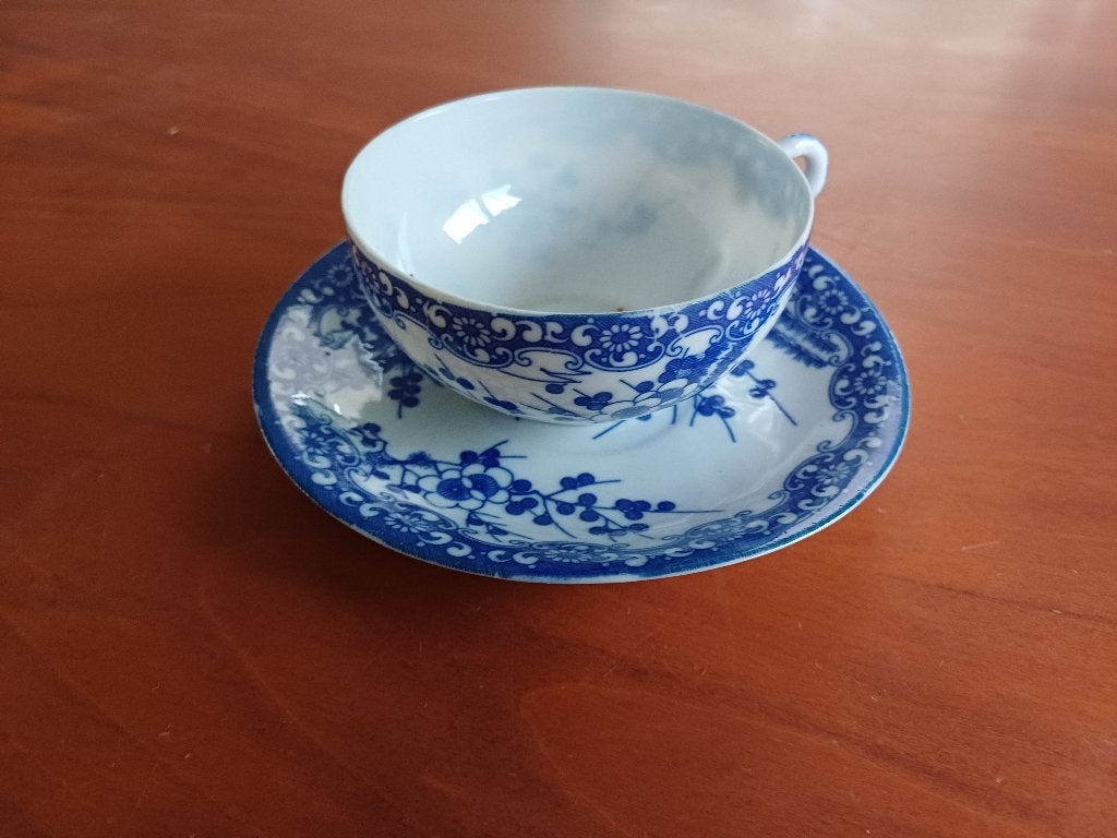 Vintage Japans kop en schotel, blauw-wit decor, Antiek en Kunst, Ophalen