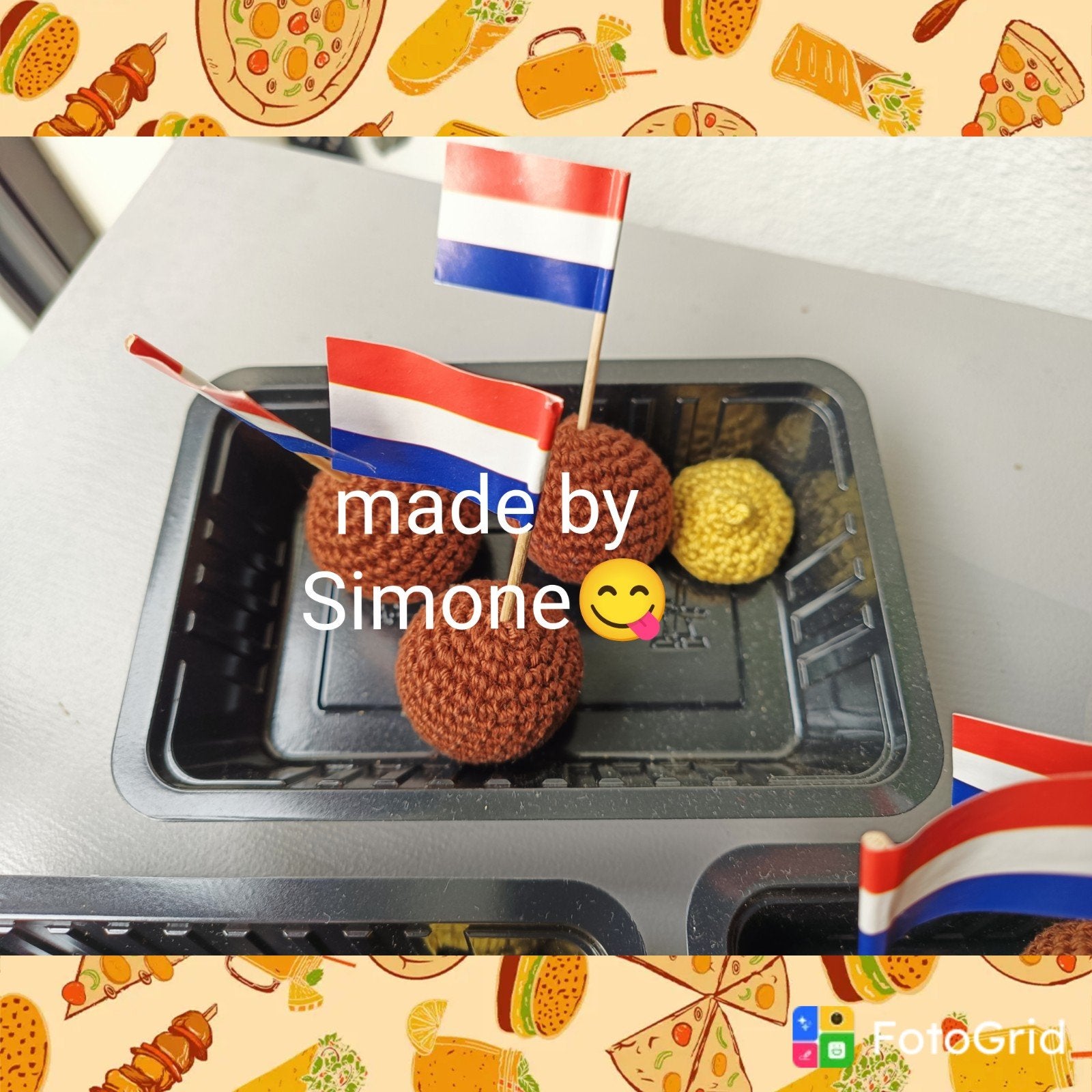 portie bitterballen met mosterd  gehaakt GRAPPIG HUMOR, Ophalen of Verzenden, Nieuw, Haken, Overige typen