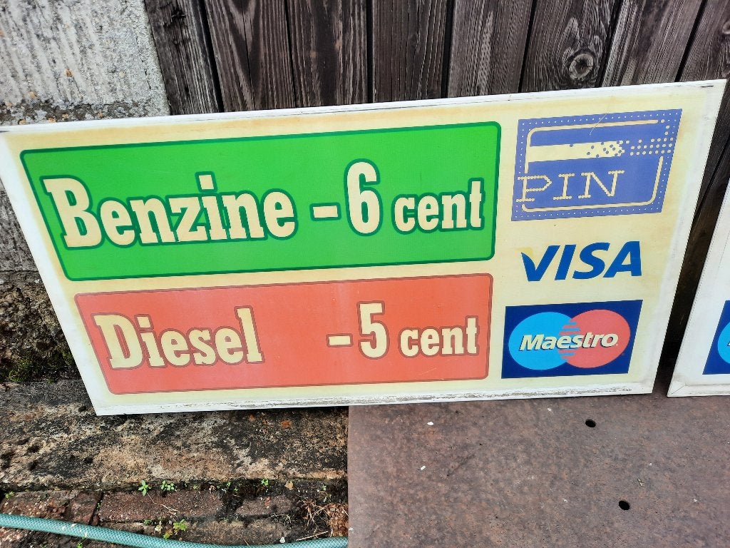 reclameborden van benzinepomp  pin en korting, Ophalen, Gebruikt, Reclamebord