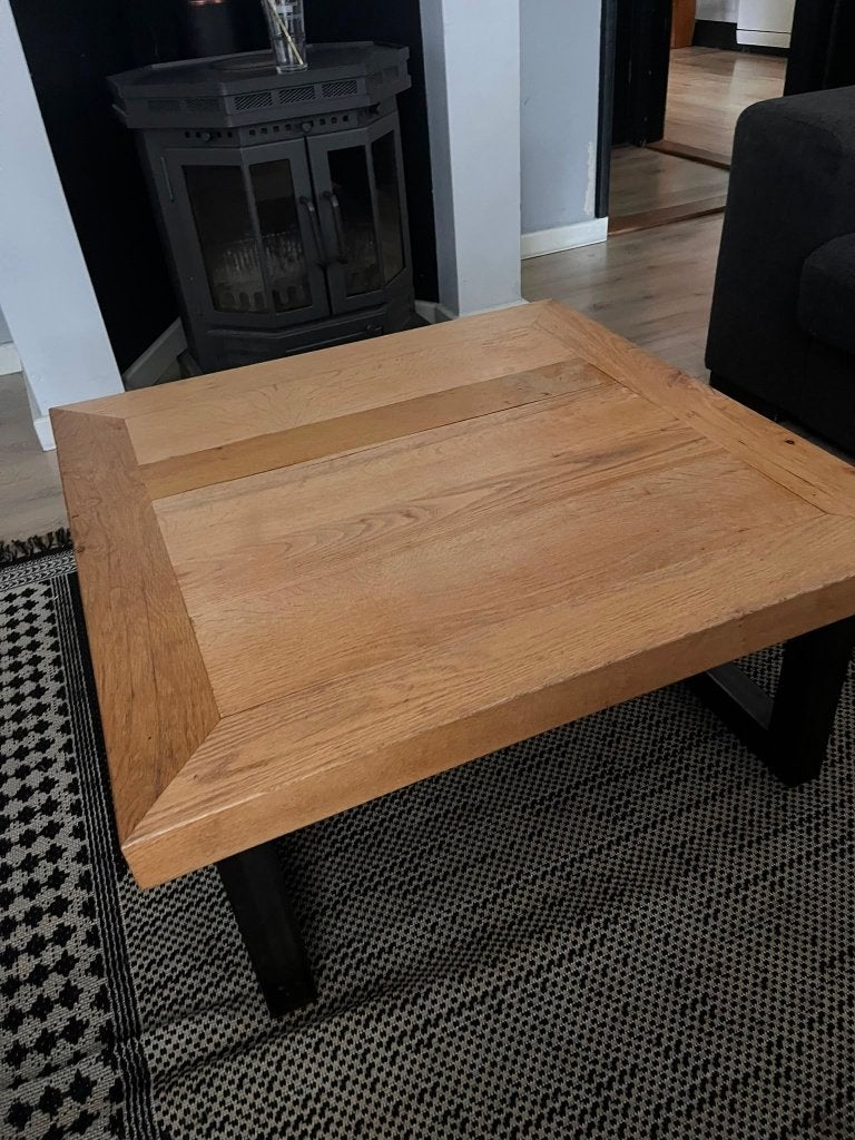 Massief eiken eettafel + salontafel industrieel, Ophalen, Eikenhout, 200 cm of meer, 50 tot 100 cm