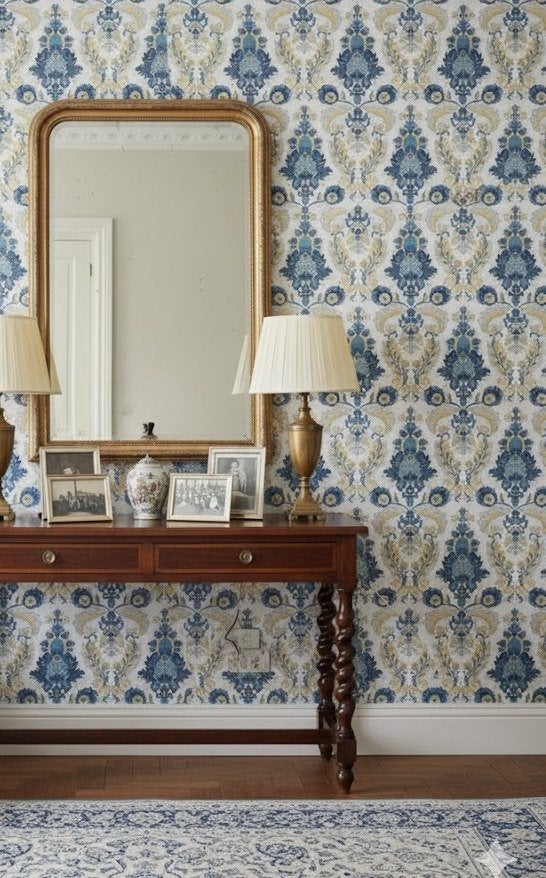 7126 vintage barok behang met blauw en crème patroon swiet, Verzenden, Blauw