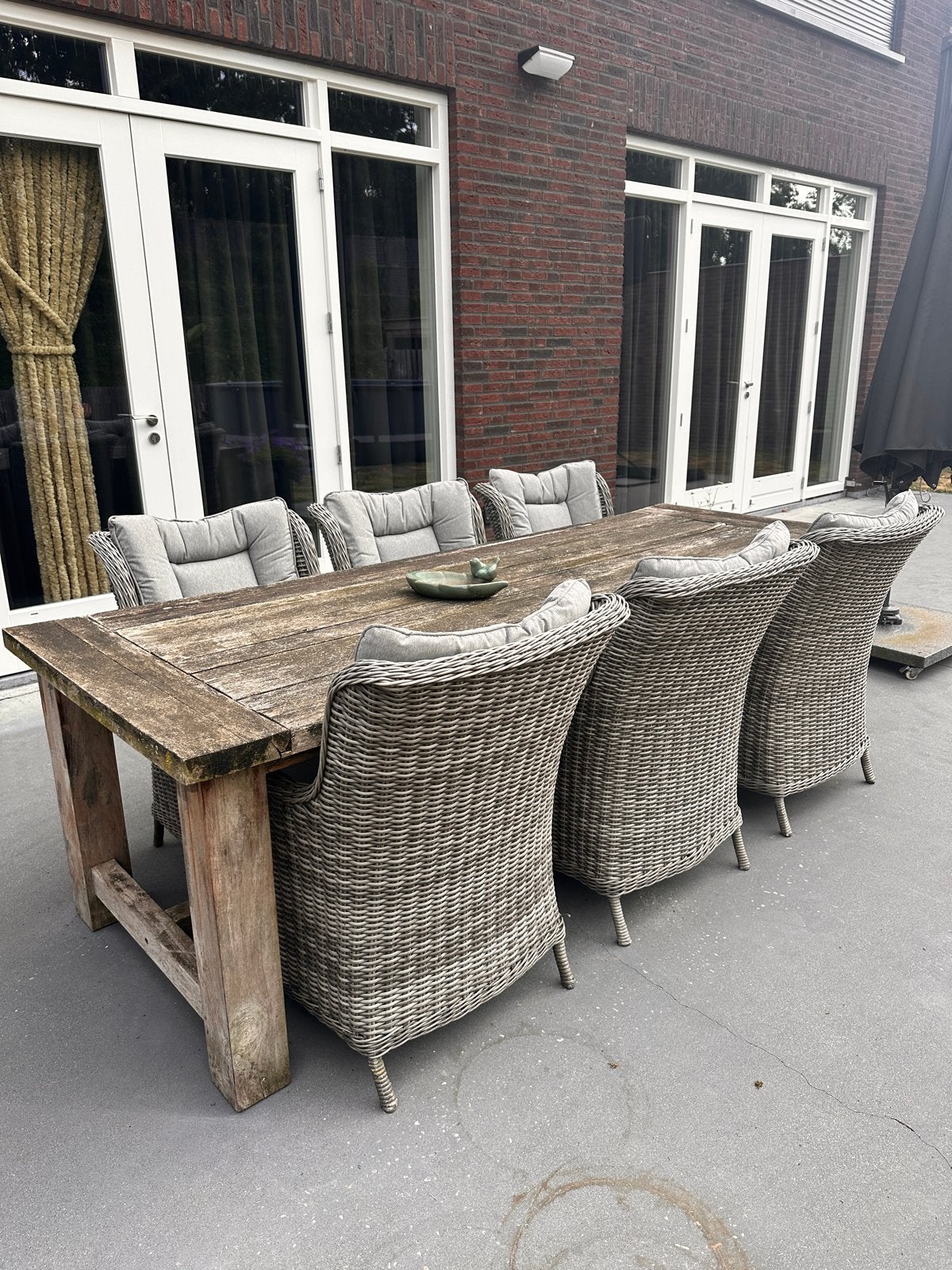 Robuuste teakhouten tuintafel met 6 wicker stoelen +kussens, Tuin en Terras, Ophalen, Gebruikt, Eettafel, 6 zitplaatsen