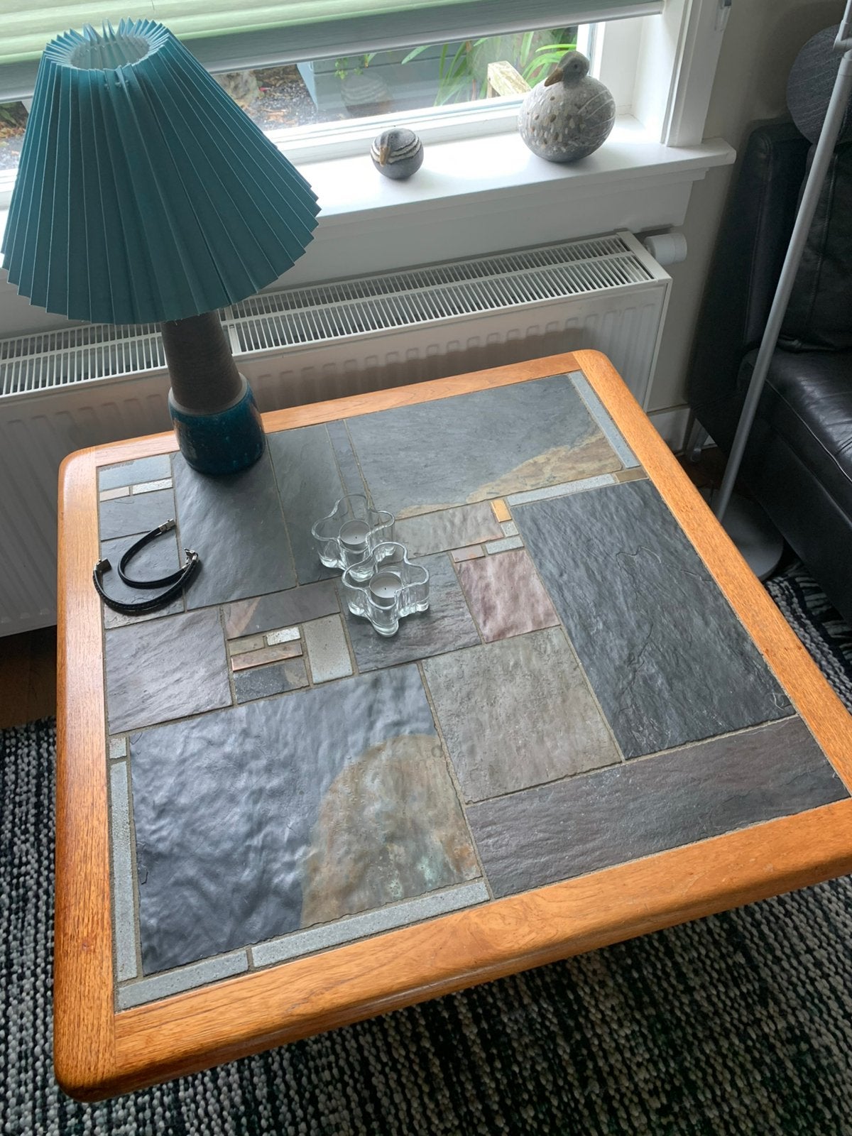 DEENSE  SALLINGBOE  SALONTAFEL , Teak en ingelegd Leisteen, Ophalen, Gebruikt, Vierkant, Minder dan 100 cm