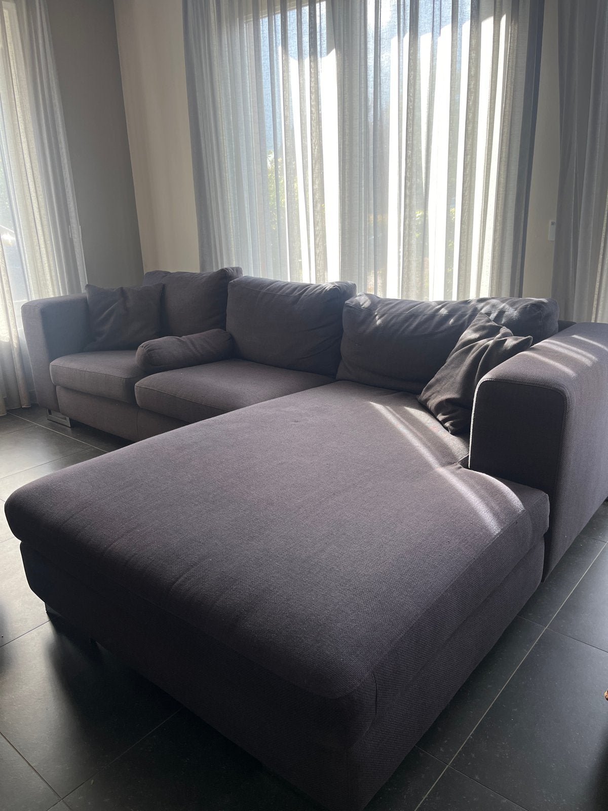 Ruime blauwe stoffen hoekbank met chaise longue, Ophalen, Gebruikt, Hoekbank, 300 cm of meer