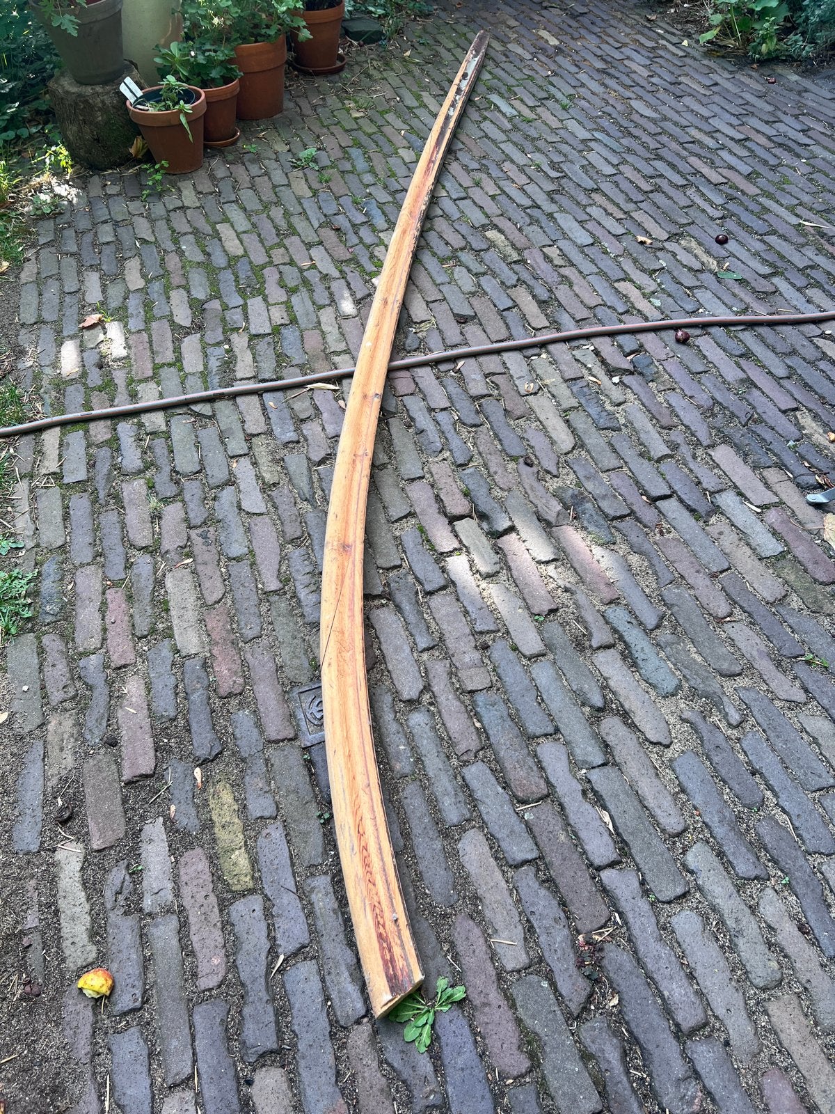 Antieke houten trapleuning sleutelgat profiel, 3,65m1, Ophalen