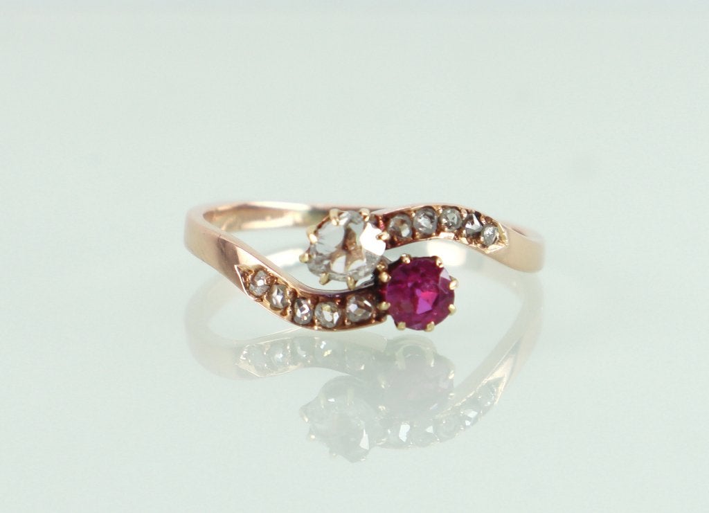 Antieke roodgouden ring toi et moi robijn diamant, Ophalen of Verzenden, Goud, Ring, Met edelsteen