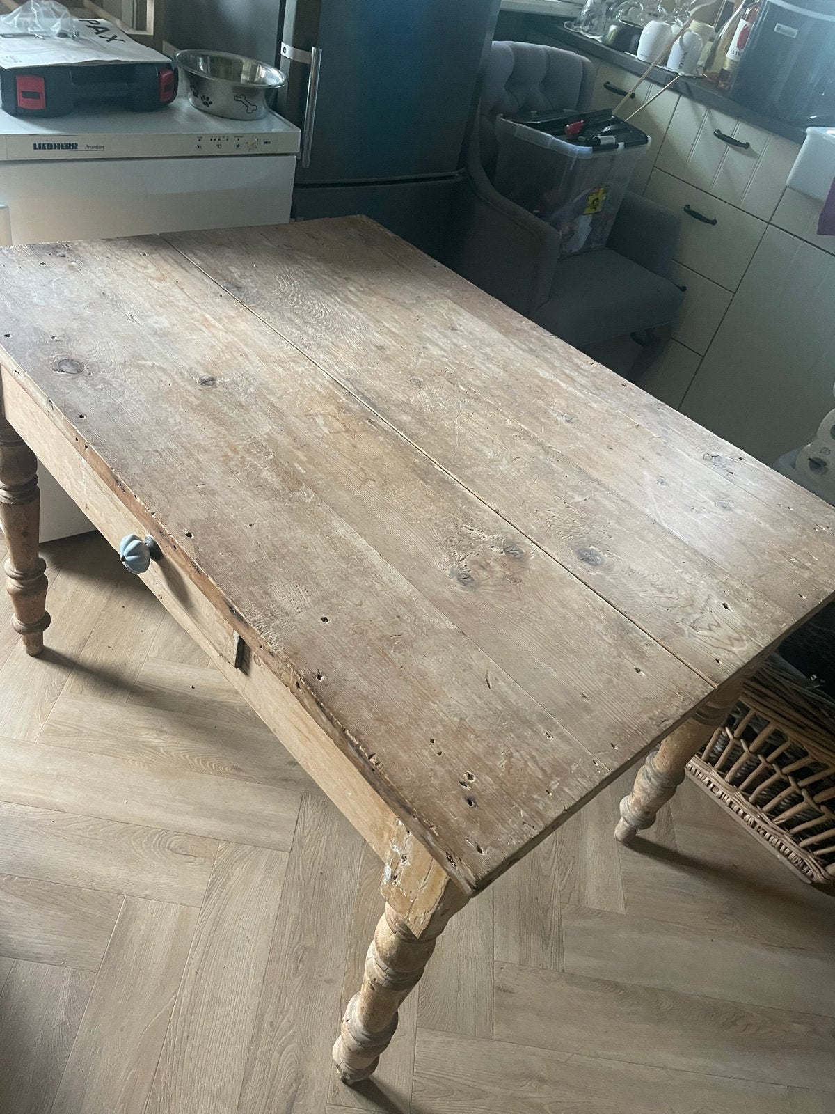 Oude grenen tafel met lade - 110x80x76 cm, Ophalen, Gebruikt, Grenenhout