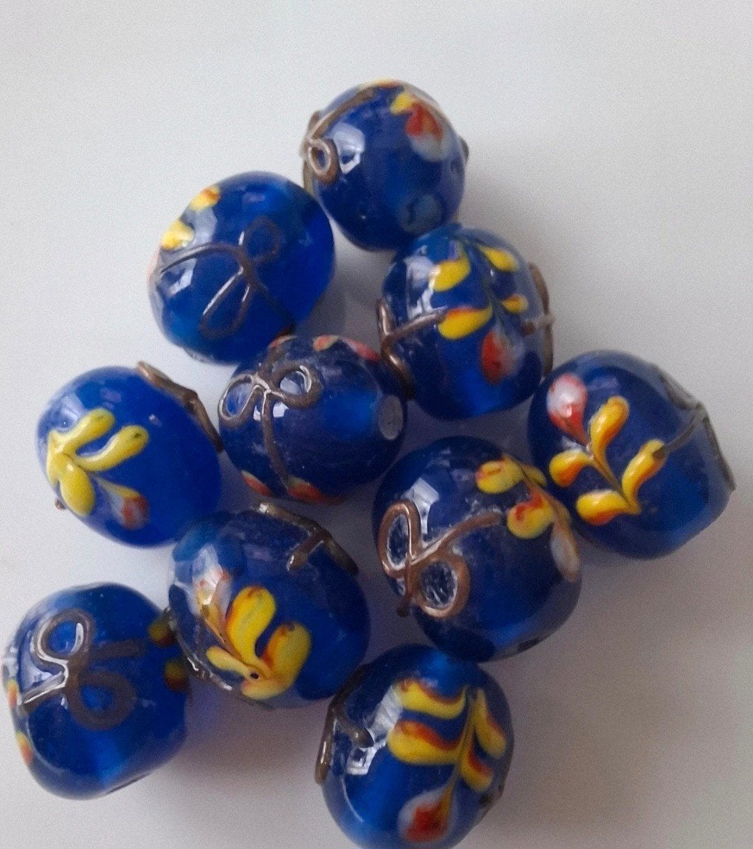 10 stuks lampwork glaskralen partij blauw geel kralen, Kraal, -, -, Nieuw