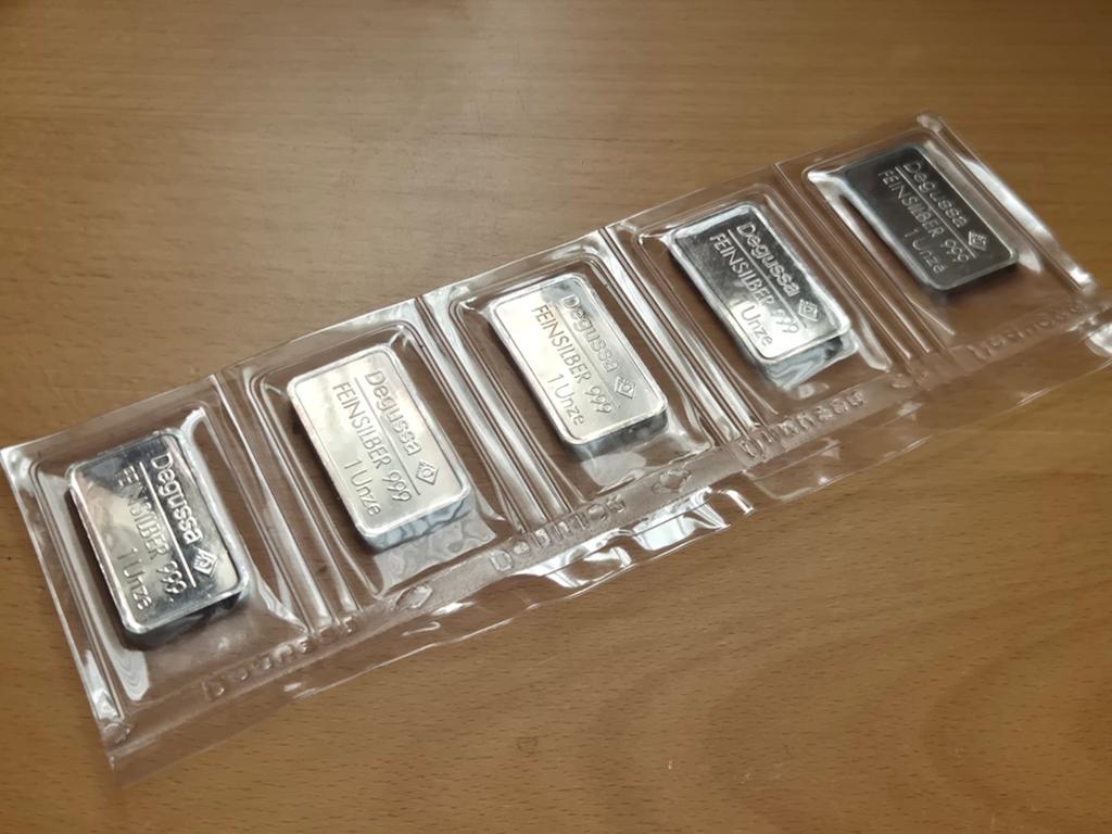 Degussa: 5 x 1 oz Vintage Silver Bar. Zilverbaar. Zilver., Ophalen of Verzenden, Zilver