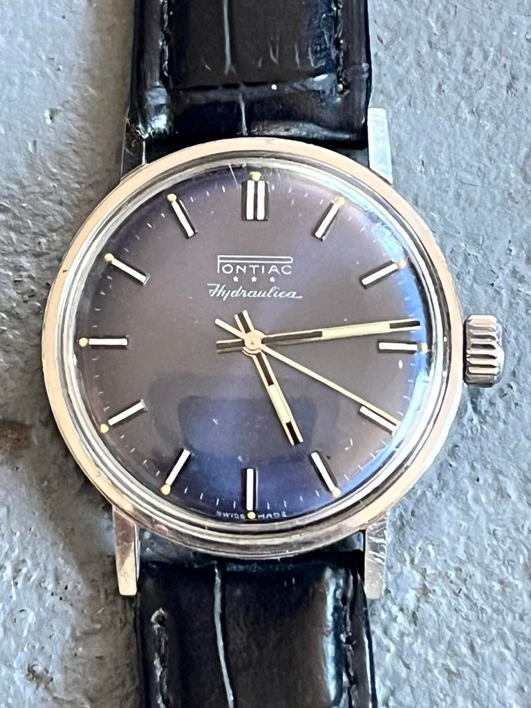 Vintage Pontiac *** Hydraulica automatic heren pols horloge, Ophalen of Verzenden, Gebruikt, Leer, Overige merken