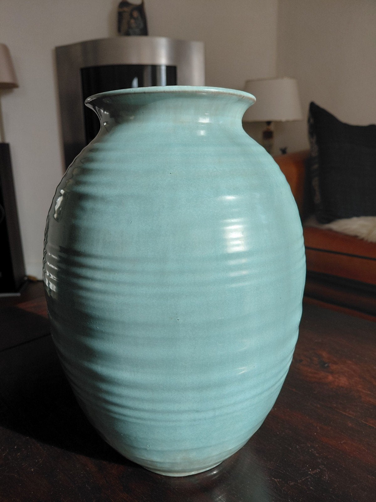 Vintage MCM Turquoise ribbelvaas Wim Visser – XL 30 cm, Ophalen of Verzenden