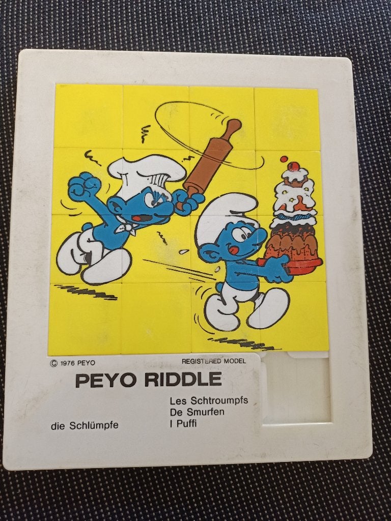 vintage schuifspel smurfen van Peyo 1976, Ophalen of Verzenden, Gebruikt