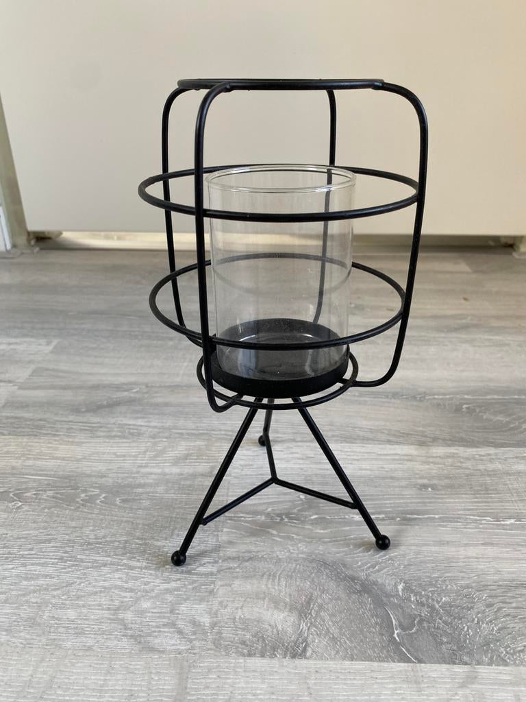 Industriele lantaarn / kaarshouder zwart draadstaal, 25 tot 50 cm, Zwart, Ophalen of Verzenden, Zo goed als nieuw