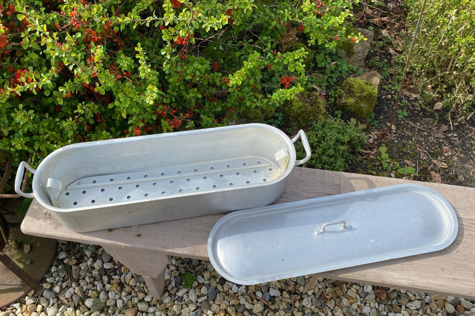 Vintage aluminium visketel / lange brocante plantenbak, Antiek en Kunst, Ophalen of Verzenden