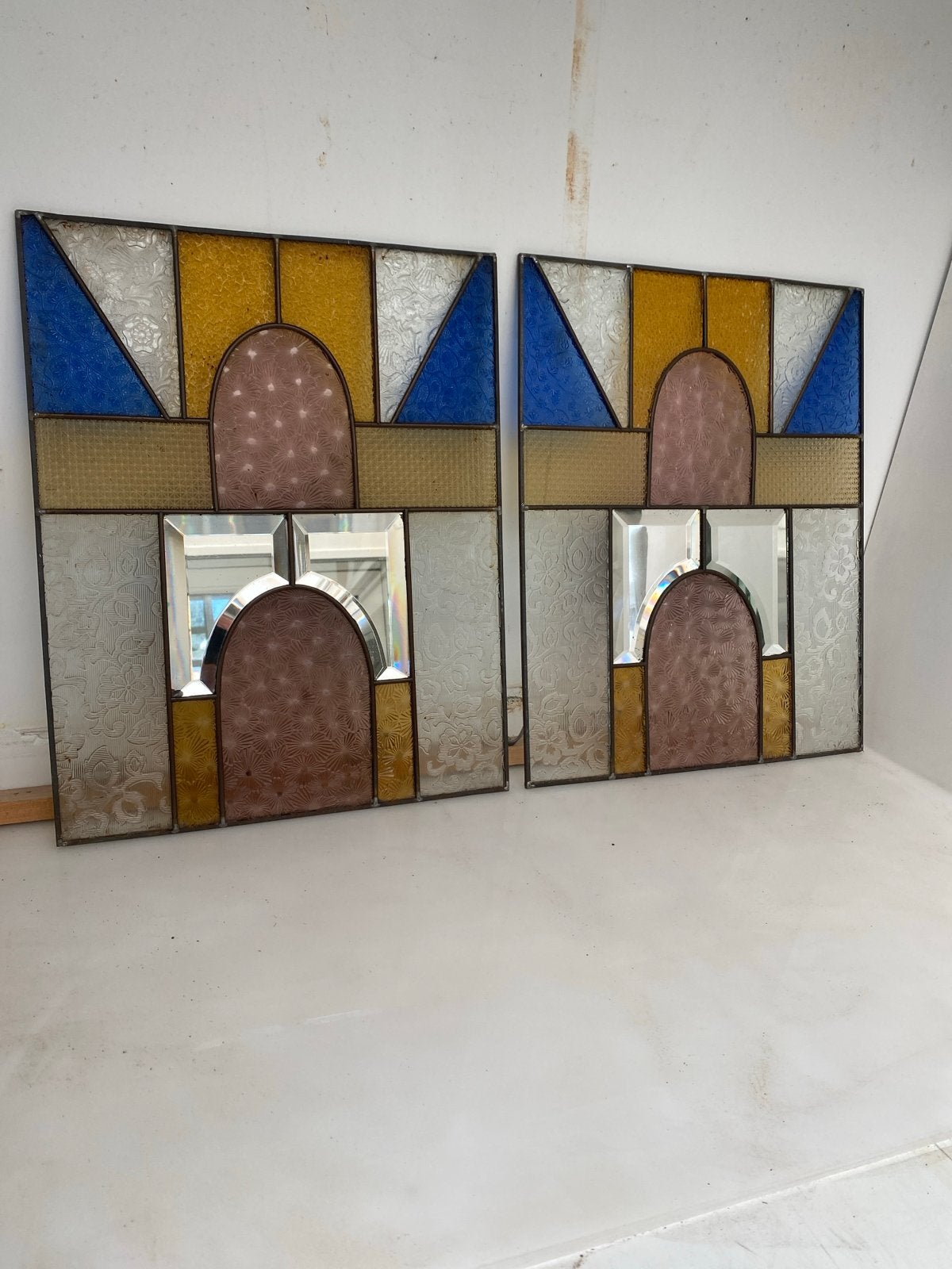 Set van 2 Antieke Glas-in-lood Panelen met Spiegel, Doe-het-zelf en Verbouw, Gebruikt, Ophalen of Verzenden, Glasplaat, Minder dan 80 cm