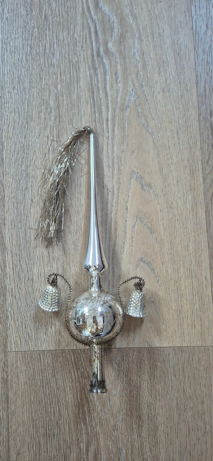 Antieke kerstboompiek zilver glas • Vintage met klokjes 8, Ophalen of Verzenden
