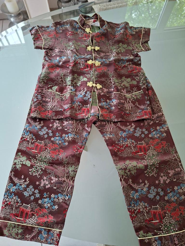Vintage Chinese pyjama set - Bruin met bloemenprint, Ophalen of Verzenden, Zo goed als nieuw