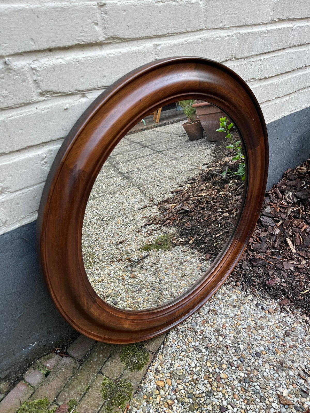 Grote ronde houten spiegel vintage, Ophalen, Rond, Minder dan 50 cm