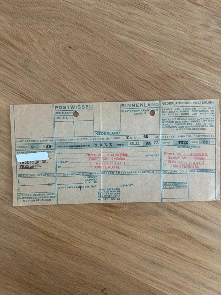 Oude Postwissel en Kwitantie Opticien Amsterdam 1930, Ophalen, Gebruikt