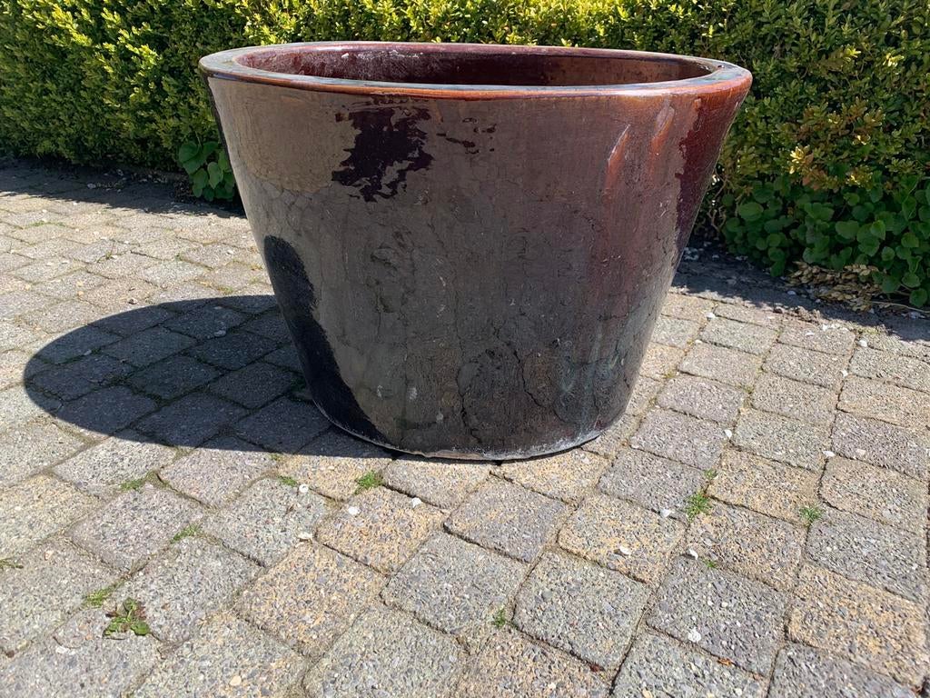 Grote bloempot , bruin geglazuurd aardewerk, Tuin en Terras, Bloempotten, Ophalen, Gebruikt