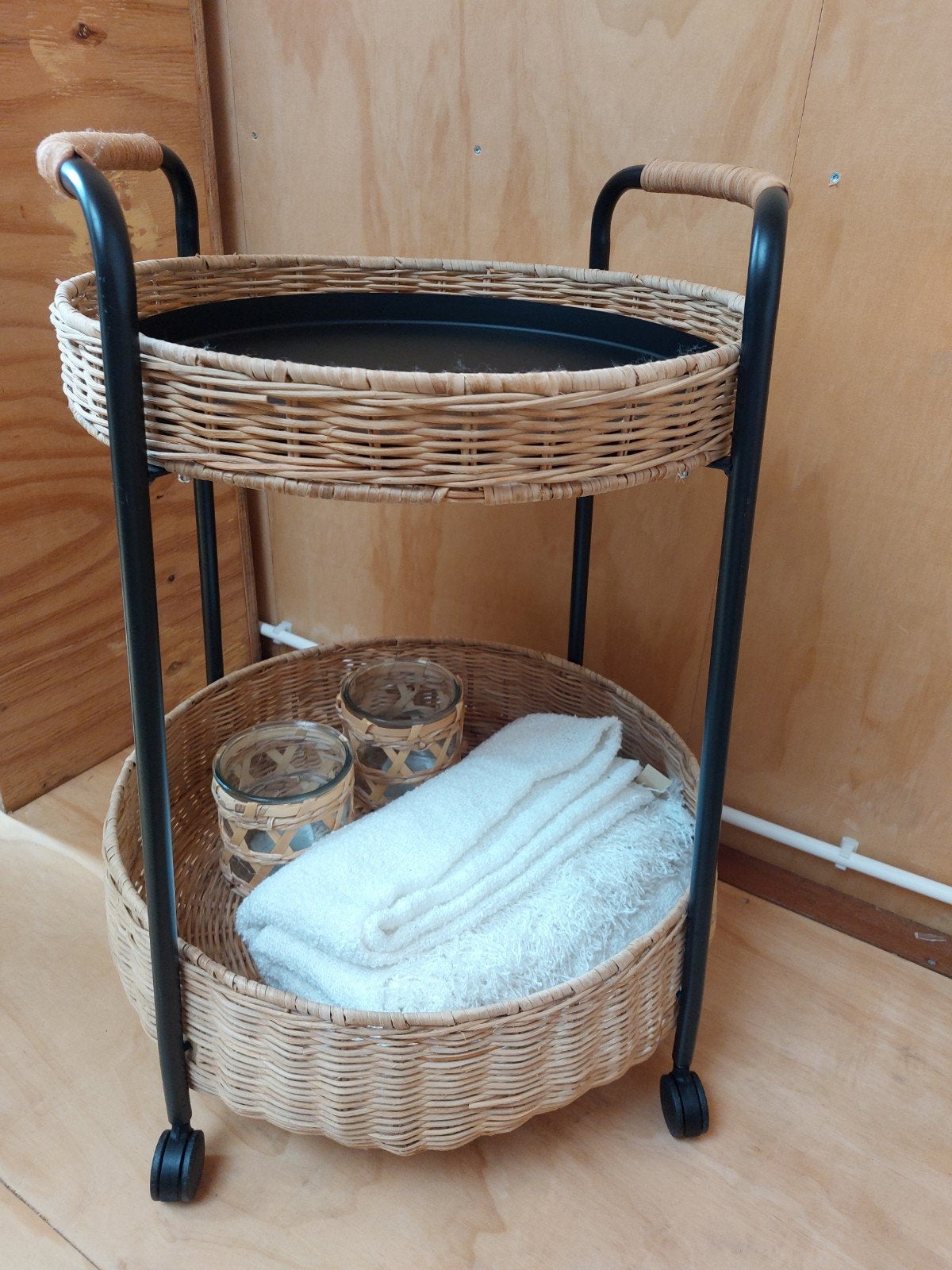 Theekar Bijzettafel Trolley Etagere Kar Rieten, Huis en Inrichting, Ophalen, Gebruikt