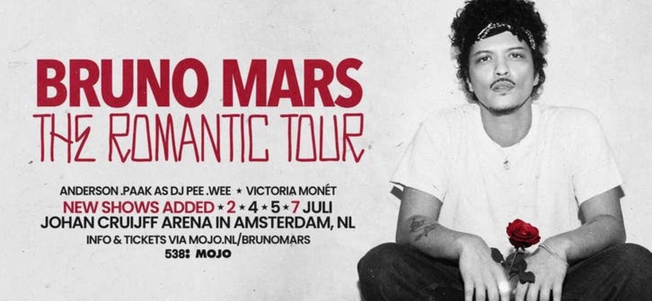 Twee tickets (naast elkaar) - Bruno Mars - 7 juli Amsterdam, Tickets en Kaartjes, Twee personen, Juli