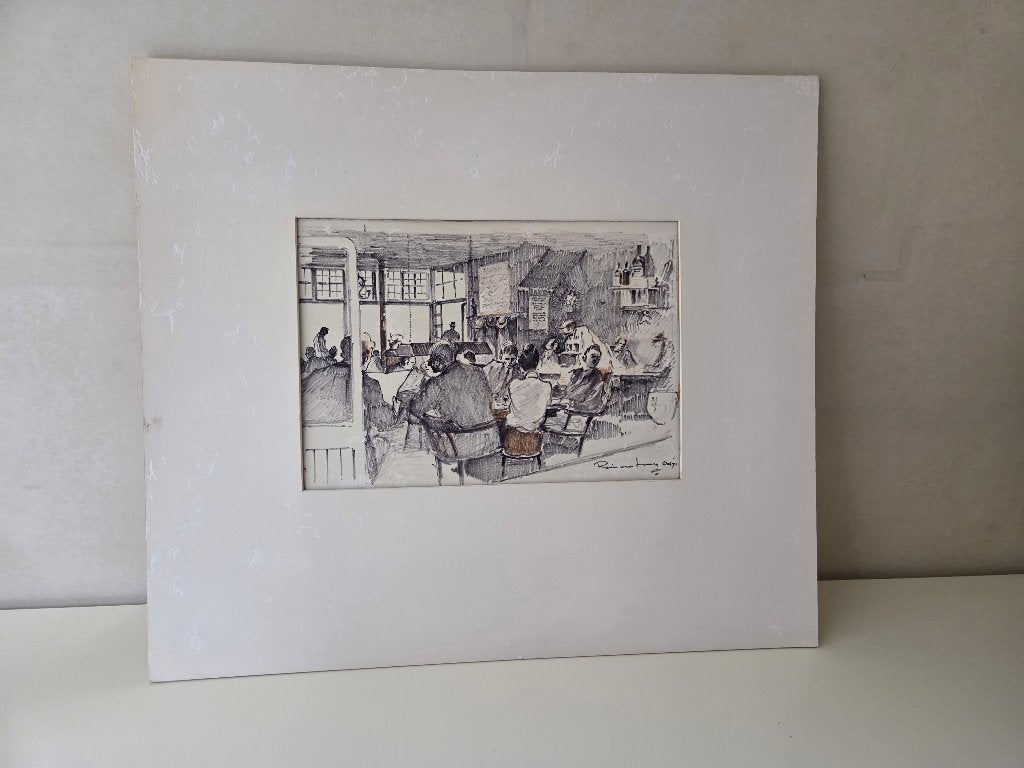 authentieke tekening van Amsterdams café, Ophalen, Overige stijlen, Gesigneerd, Portret of Personen