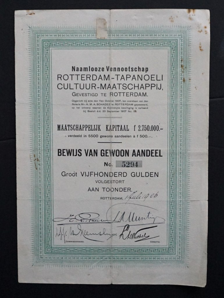 Rotterdam Tapanoeli Cultuur Maatschappij (Rubber) 1926, Verzenden, 1920 tot 1950, Aandeel