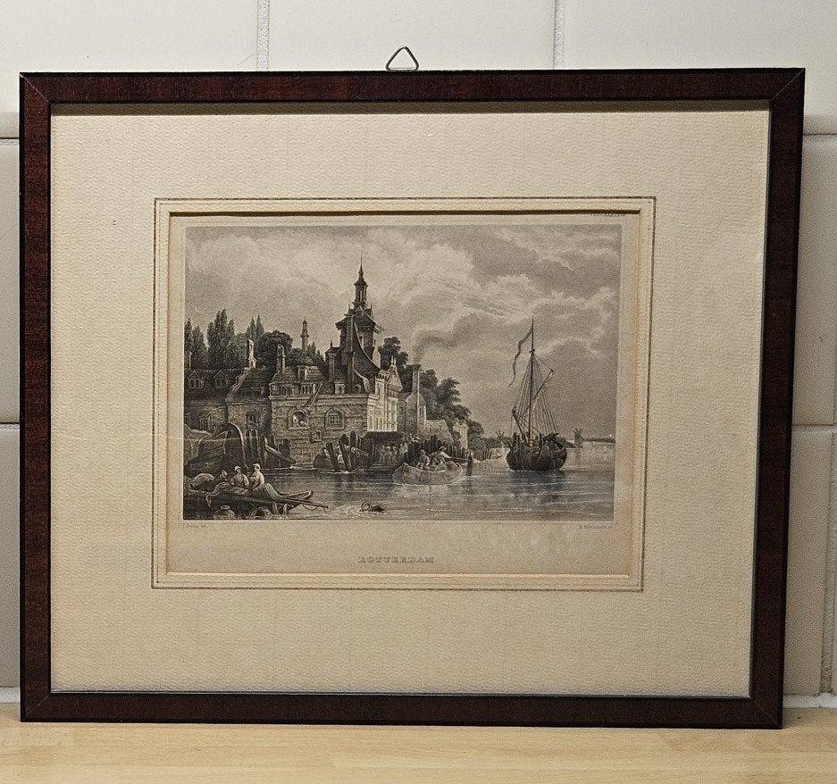 Ingekleurde ets met lijst, Handgekleurd, Ets, Stadsgezicht, Ophalen of Verzenden