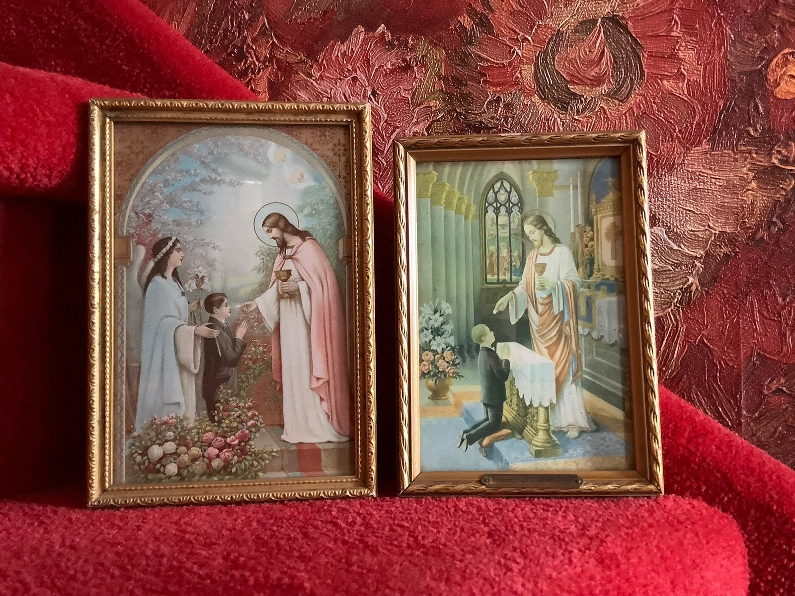 2 Antieke religieuze Communie Schilderijtjes ❤️, Ophalen of Verzenden