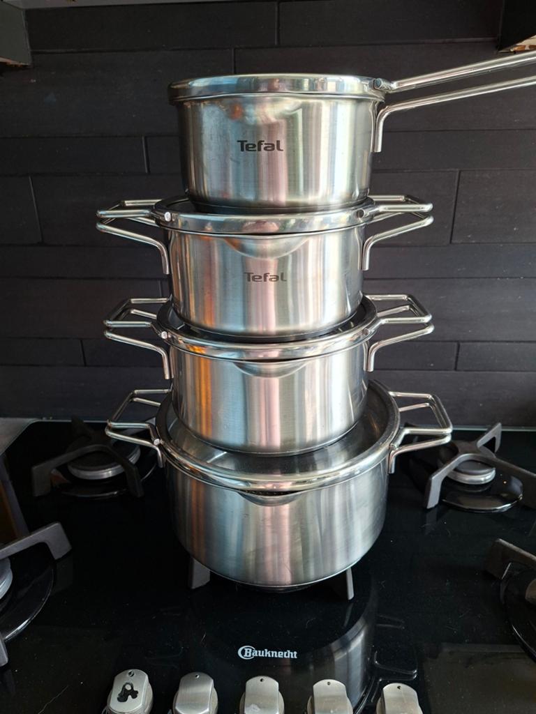 Tefal Nordica 4-delige pannenset RVS, Gebruikt, Pannenset, Ophalen of Verzenden, Rvs