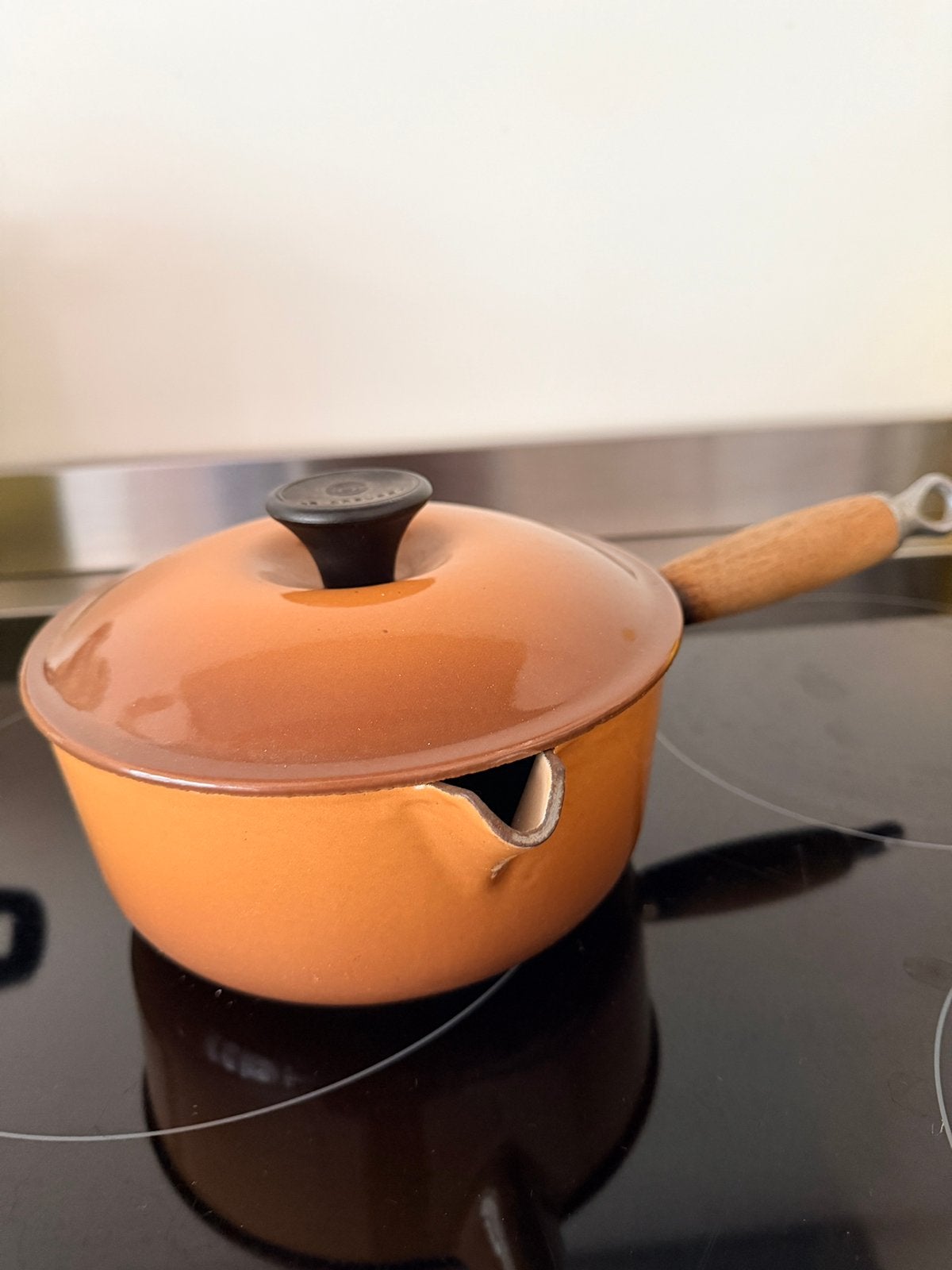Vintage Le Creuset steelpan met deksel 18 cm, Ophalen of Verzenden, Gebruikt, Gietijzer