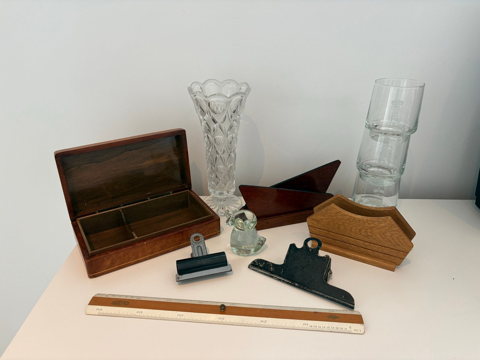 Bundel vintage kantoorartikelen en glaswerk, Ophalen of Verzenden