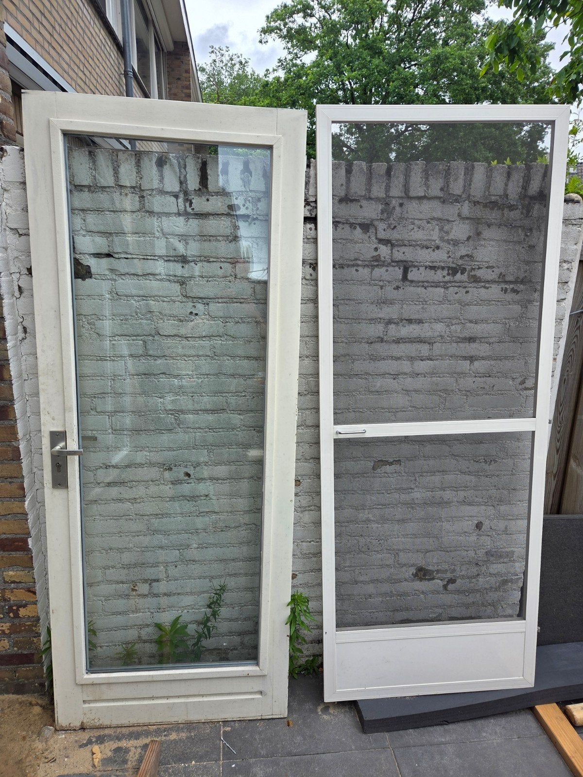 Achterdeur met hor, glas zonder kozijn, Doe-het-zelf en Verbouw, Deuren en Horren, Ophalen, Gebruikt, 80 tot 100 cm, Buitendeur