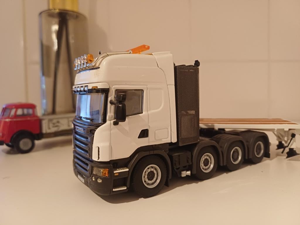 Scania R-serie trekker met dieplader model, Overige merken, 1:32 tot 1:50, Ophalen of Verzenden, Zo goed als nieuw