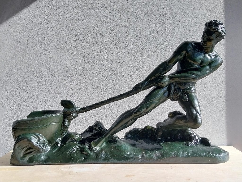 Groot Art Deco beeld Cipriani man trekt boot 64 cm, Antiek en Kunst, Kunst | Beelden en Houtsnijwerken, Art deco, Gips, Beeld