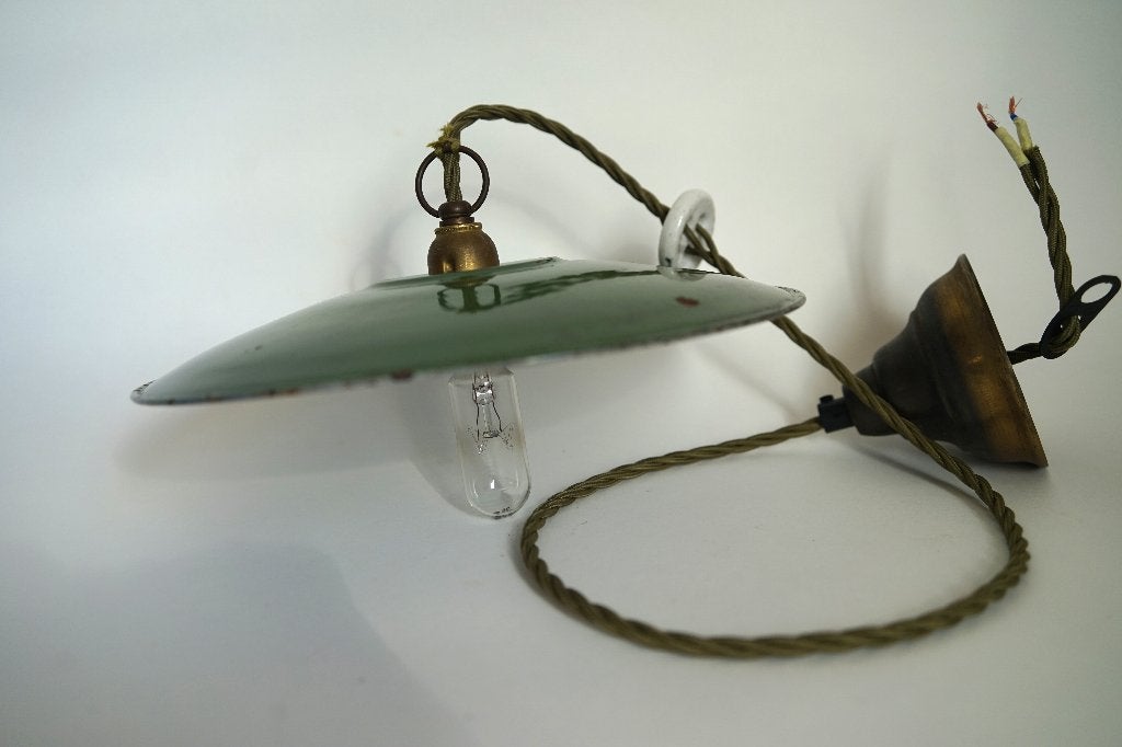 Vintage hanglamp metaal groen wit emaille schoenmakerlamp, Vintage, Overige materialen, Ophalen of Verzenden, B22 (Bajonetsluiting)