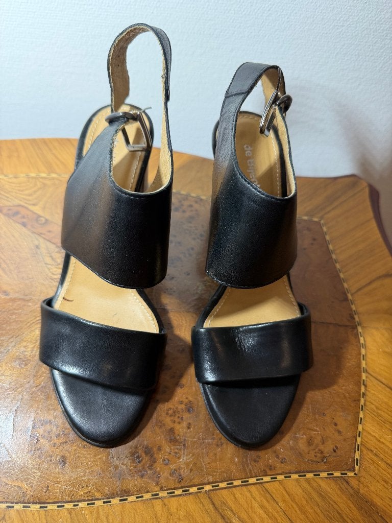 Prachtige zwart leren sandalen met hak – Maat 36 (Leder), Ophalen of Verzenden, Zo goed als nieuw, Zwart, Sandalen of Muiltjes
