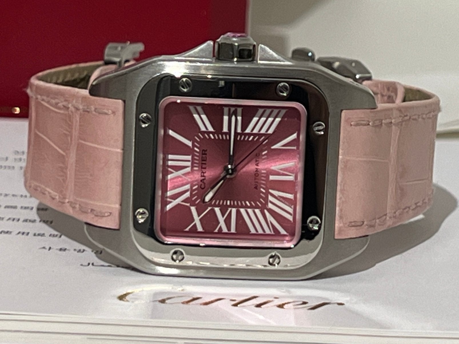 Cartier Santos 100 Lady W20133X8 Roze Full Set NL 2008, Sieraden, Tassen en Uiterlijk, Horloges | Dames, Zo goed als nieuw, Polshorloge
