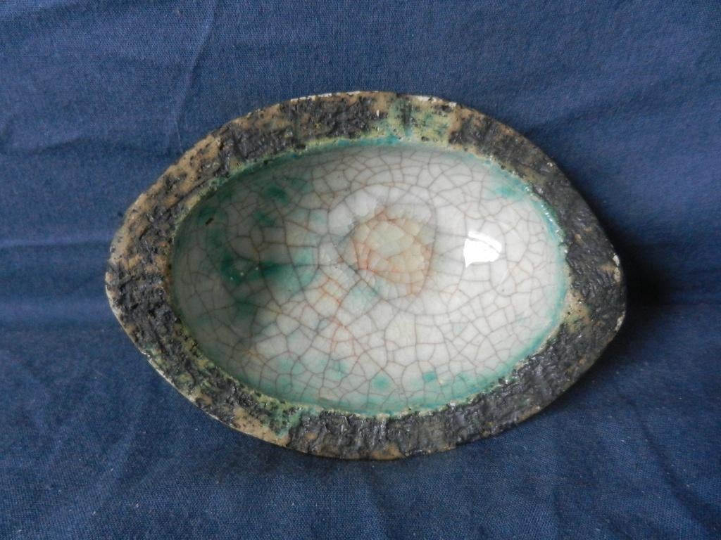Ovale asbak groenwit craquele glazuur Groeneveldt b. 12 cm, Antiek en Kunst, Ophalen of Verzenden