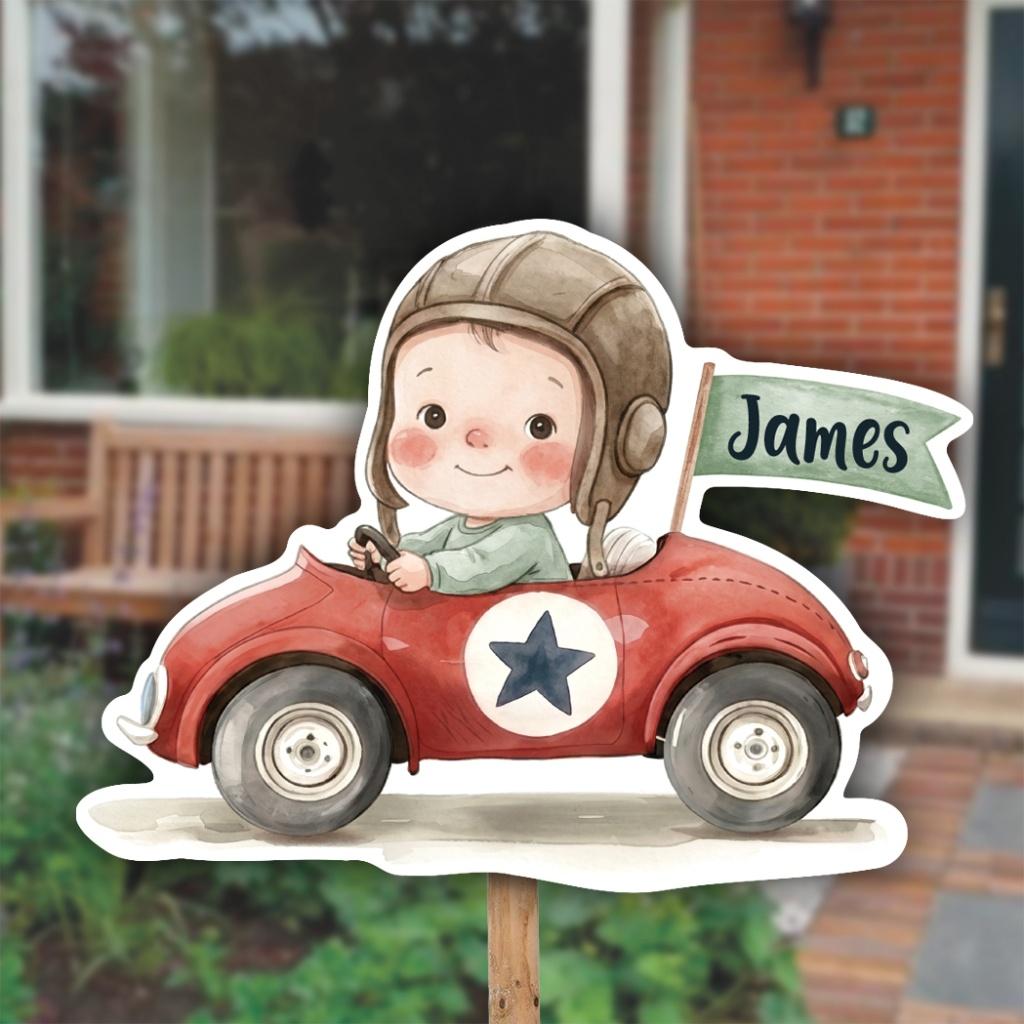 Geboortebord tuin baby in raceauto | Met gratis mini versie!, Verzenden, Nieuw, Geboortebord
