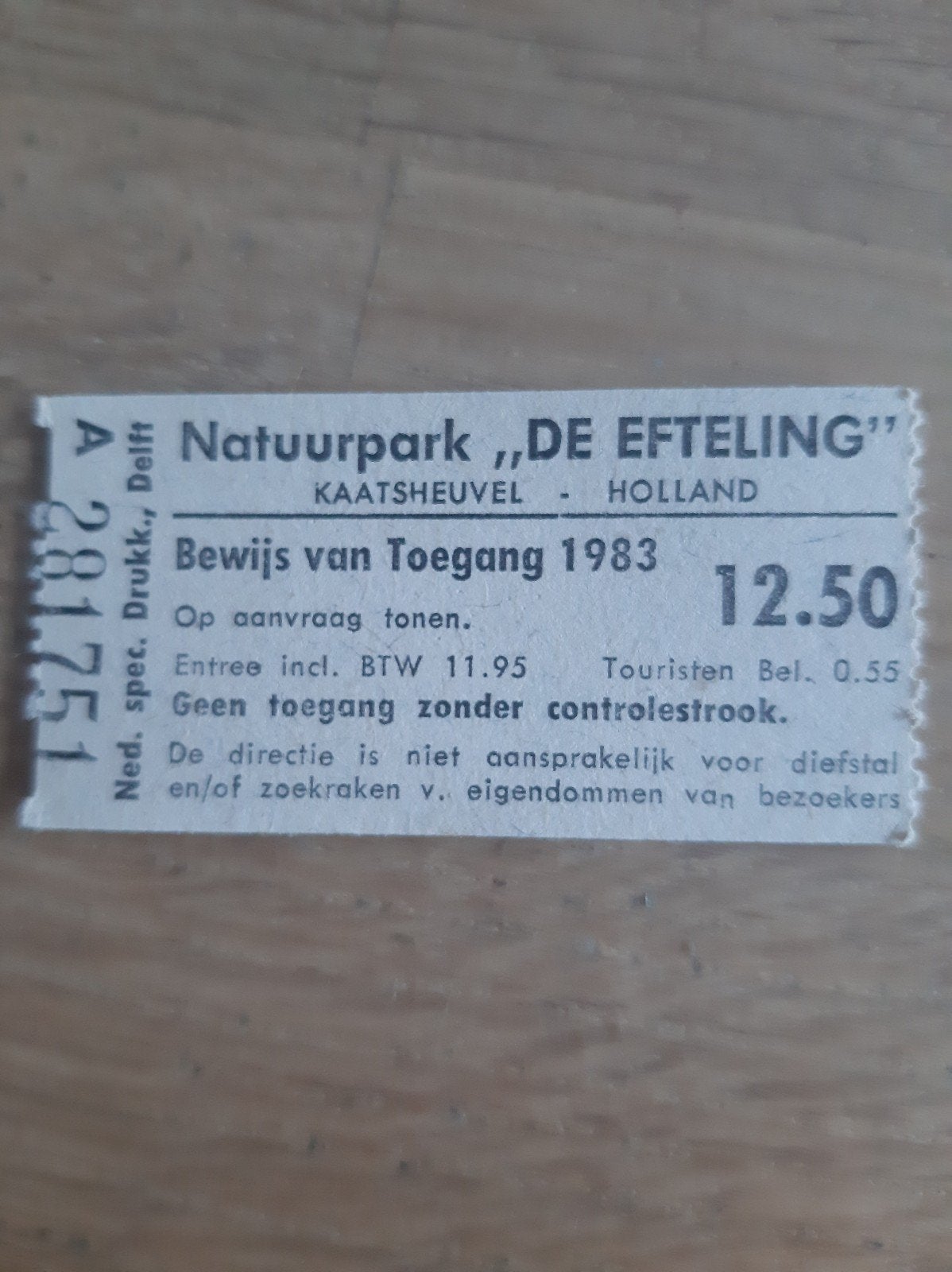 Efteling Toegangsbewijs 1983 - Vintage Ticket, Ophalen of Verzenden, Gebruikt, Overige typen