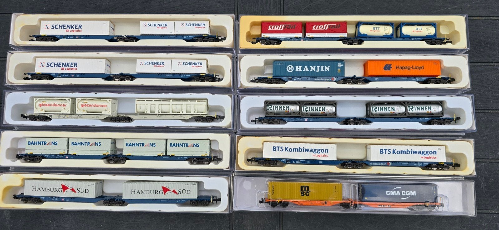 hobbytrain dubbele containerdraagwagons 10x divers.top ovp., Hobby en Vrije tijd, Modeltreinen | N-Spoor, Ophalen of Verzenden