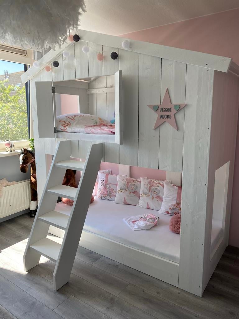 Steigerhouten hoog & laagslaper incl bureau met bankje, Ophalen, Gebruikt, Stapelbed