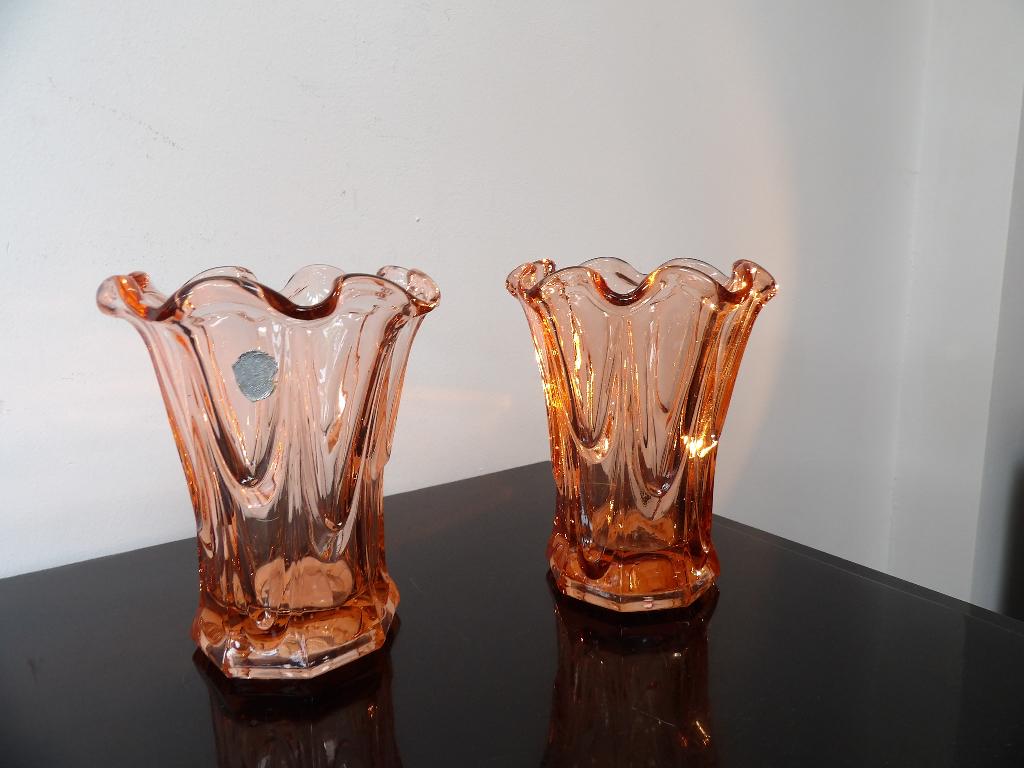 Art Deco Vazenset Boheems SKLO, peach/orange, Antiek en Kunst, Ophalen of Verzenden