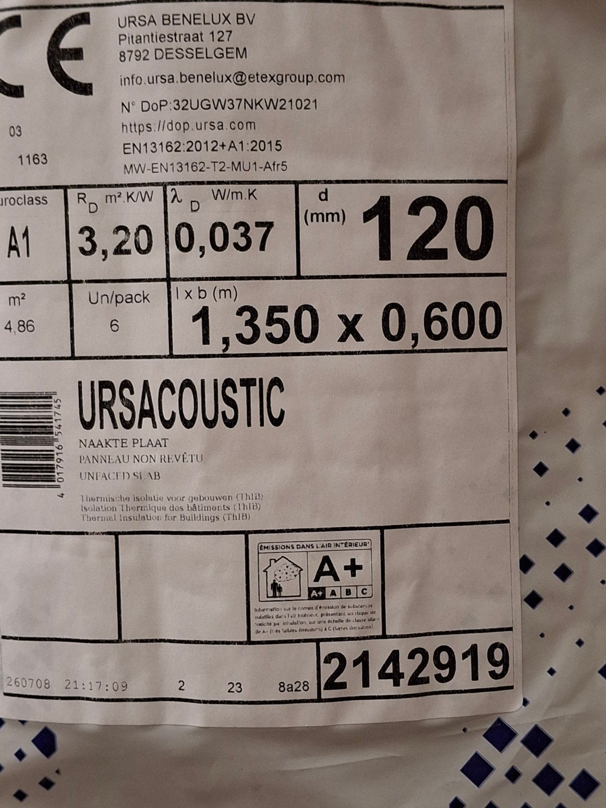 isolatieplatenglaswol afm.1350x600x120, Ophalen, 12 cm of meer, Nieuw, Muurisolatie